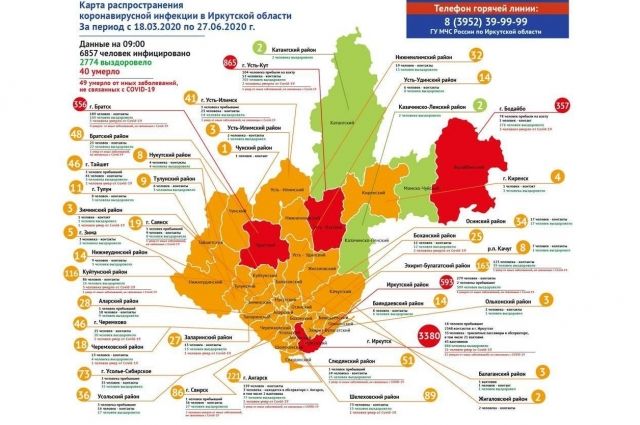 Обновлена карта распространения коронавируса в Иркутской области на 27 июня