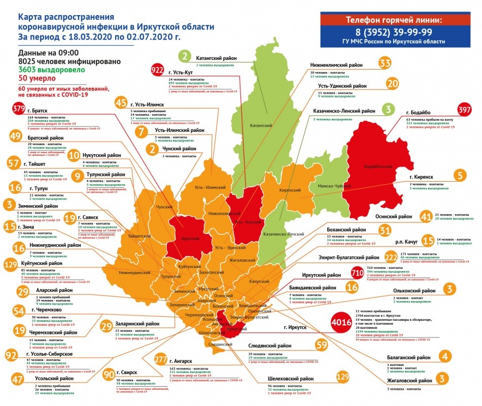 Карта заражений: в Тайшетском районе выявлено 57 случаев заболеваний коронавирусом