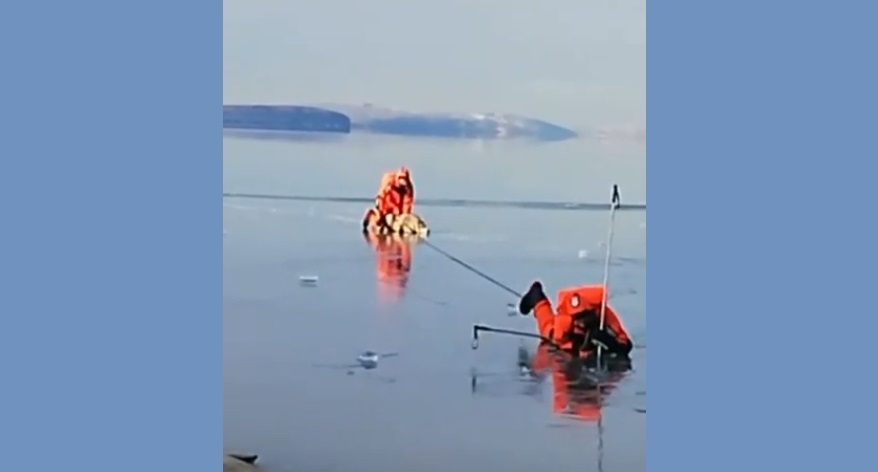 В Иркутске сотрудники МЧС спасли собаку, провалившуюся под лёд водохранилища